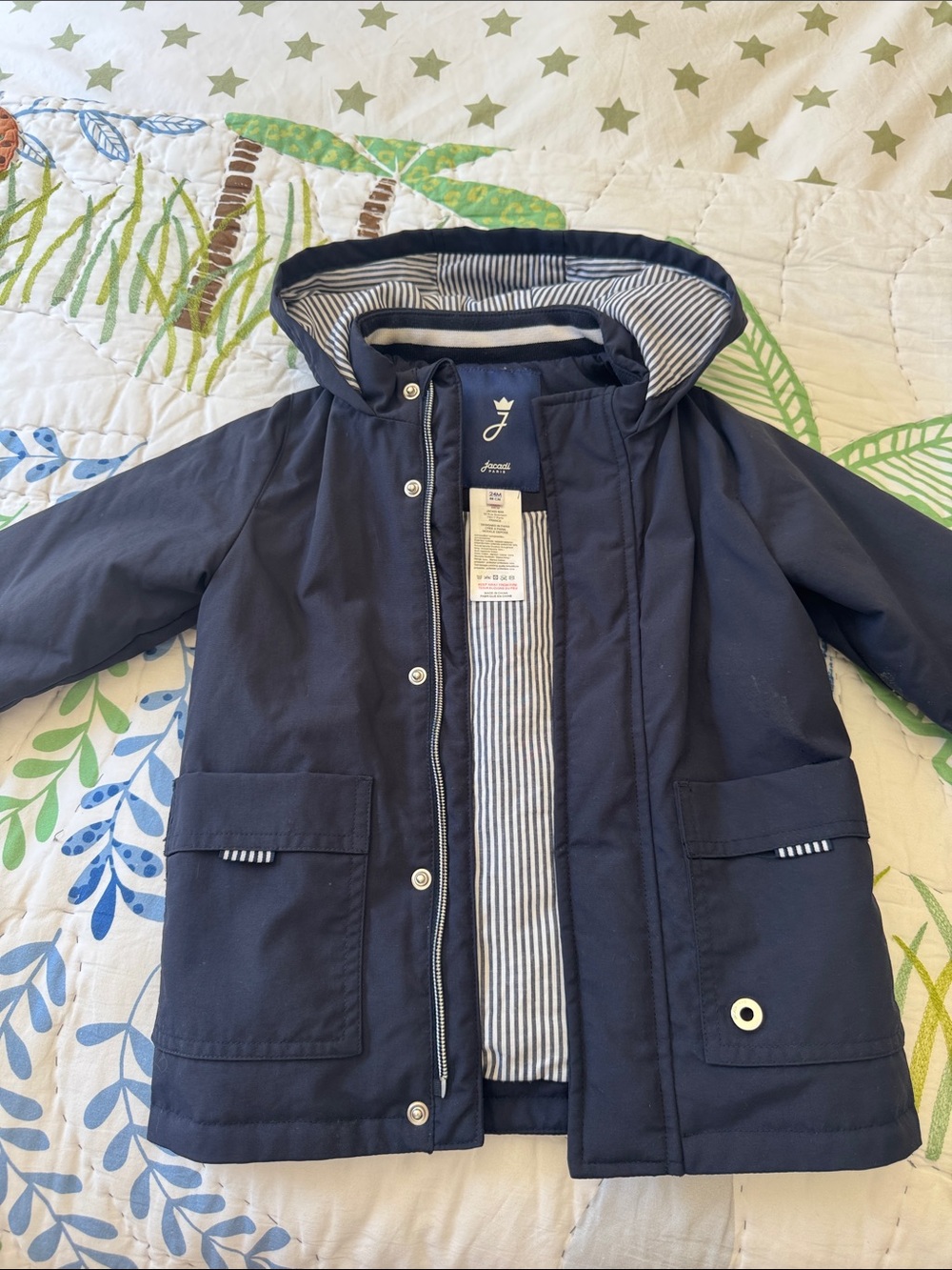 Jacadi Navy Hooded Raincoat with Striped Lining